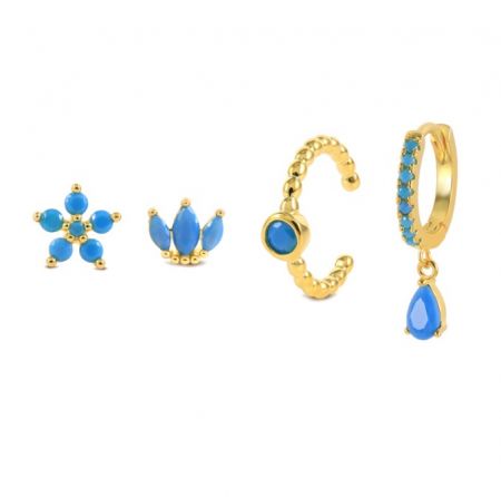 Turquoise Hoop Earrings Set - A set of four gold-plated hoop earrings adorned with vibrant turquoise cubic zirconia gemstones, displayed on a clean white background.