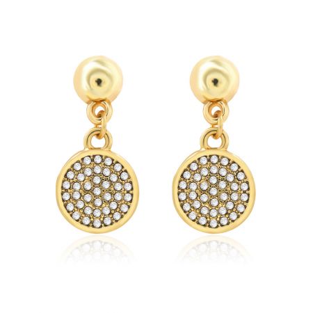 Pendientes de disco de cristal simple y hermoso - Un par de pendientes de disco de cristal simple y hermoso, con colgantes circulares chapados en oro llenos de pavé de cristal blanco brillante.