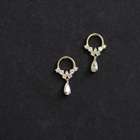 925 zilveren gouden zircon druppel hoepel oorbellen. - Een paar 925 zilveren vergulde druppel oorbellen met een bloemontwerp en sprankelende heldere zircon edelstenen, weergegeven op een witte ondergrond.