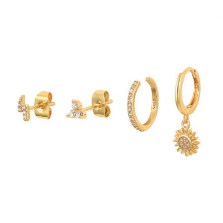 Flower Huggie Hoop Earrings Set - A stunning collection of wholesale Flower Huggie Hoop Earrings in a gold finish, style JRE-138, adorned with sparkling cubic zirconia stones.