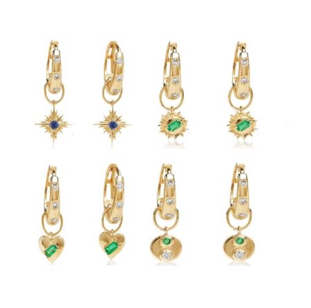 Pendientes de aro cambiables. - Una colección de pendientes de aro de oro versátiles y cambiables (JRE-127) exhibidos con una variedad de charms de piedras preciosas y perlas de colores.