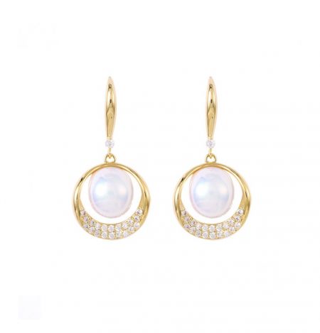 Wholesale Pearl Drop Earrings - Wholesale Pearl Drop Earrings (JRE-101) featuring a classic gold-plated design with a central white pearl surrounded by shimmering crystals.