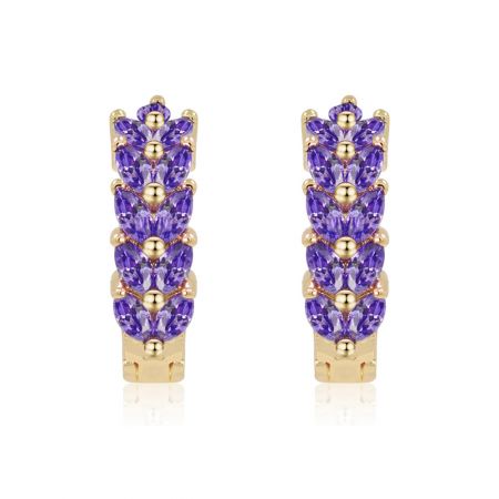 Huggie Purple Hoops - Front view of Huggie Purple Hoops, featuring multiple rows of brilliant AAA quality purple cubic zirconia set in polished gold-plated brass.