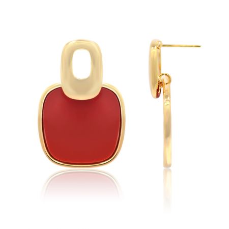 Front and back view of the gold earrings with red enamel center, showcasing the craftsmanship.