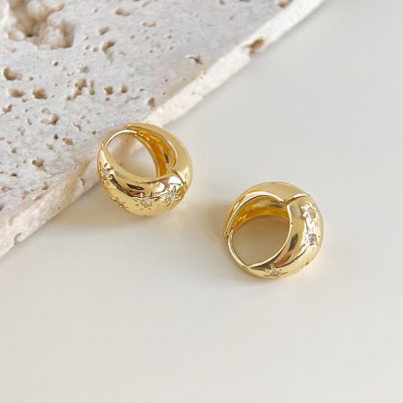 14k Gold Plated Zircon Inlaid Bucket Shaped Hoop Earrings - A close-up of the 14k gold-plated zircon inlaid bucket-shaped hoop earrings, showcasing the sparkling stones and high-quality brass material.