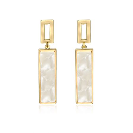 White Shell Print Resin Earrings - A pair of White Shell Print Resin Earrings, featuring gold-plated brass with rectangular white shell inlays, shown against a clean background.