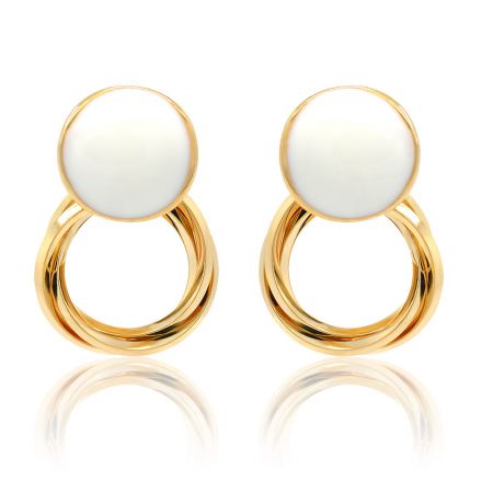 Curved Round Stud Earrings In Enamel - A pair of Curved Round Stud Earrings in Enamel, featuring gold plating and white epoxy stones, showcased on a clean white background.