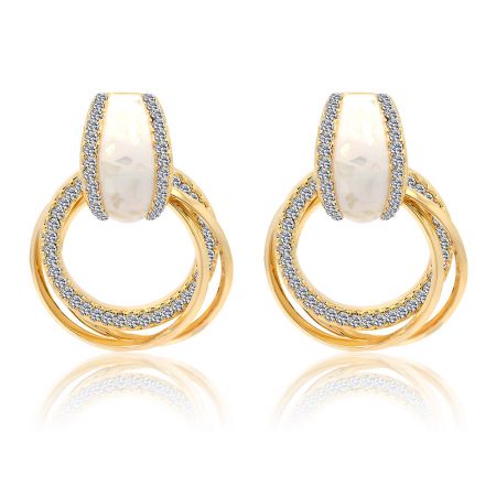 White Shell Print Enamel Hoops Drop Earrings - White Shell Print Enamel Hoops Drop Earrings with a double-layered hoop design, crafted from gold-plated brass and adorned with white Czech crystals.