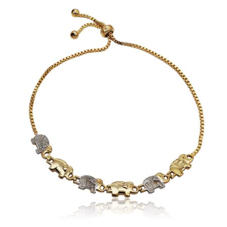 Elephant Two Tone Adjustable Bracelet - A detailed view of the Elephant Two Tone Adjustable Bracelet, highlighting the intricate gold and rhodium plated elephant charm on a polished brass chain.