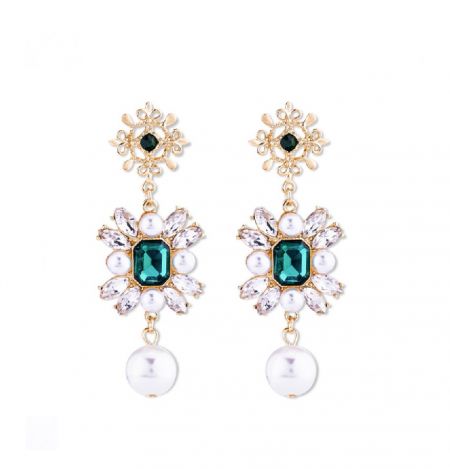 Vintage Emerald Glass Pearl Dangle Earrings - A pair of vintage-style gold-tone floral dangle earrings featuring a prominent emerald green gemstone, surrounded by white faux pearls and clear crystals.