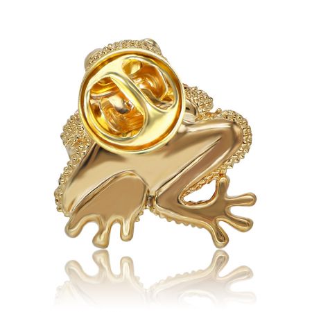 Back view of the gold frog brooch pin showing the butterfly clutch fastener.