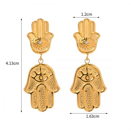 Pendientes de mano Hamsa con indicaciones de dimensiones, mostrando altura y ancho para escala.