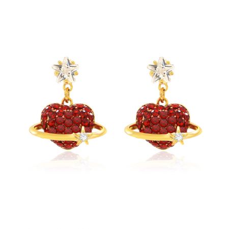 Wholesale Red Crystal Heart Earrings For Women - A pair of gold heart-shaped earrings featuring vibrant red crystal pavé, accented with a clear cubic zirconia stone and a star-shaped stud.
