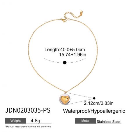 Gedetailleerde specificaties van de hart hanger ketting, inclusief afmetingen, gewicht en materiaal.