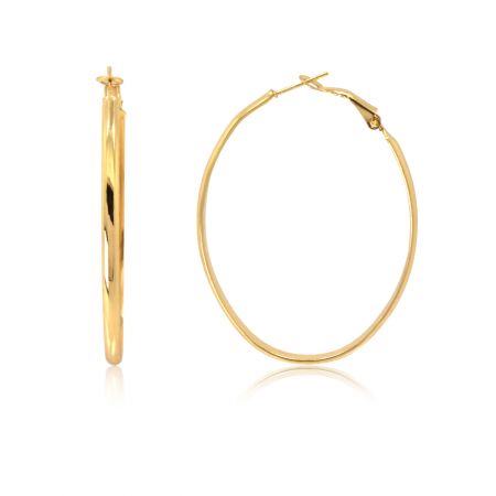 Aretes Ovalados Dorados Pulidos - Un par de aretes ovalados dorados pulidos, modelo FEQ01-G-00440, que muestran su superficie dorada lisa y reflectante y un cierre de palanca seguro contra un fondo blanco.