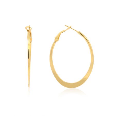 Aretes planos ovalados de oro pulido - Una vista en primer plano de los aretes planos ovalados de oro pulido, mostrando su diseño simple y clásico y su acabado dorado brillante.