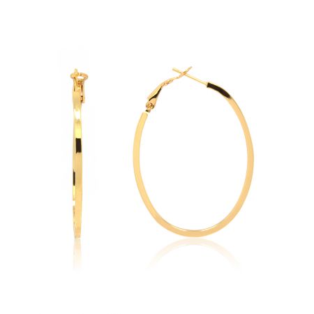 Boucles d'oreilles ovales en or poli - Une paire de boucles d'oreilles ovales en or poli avec un design simple et élégant et une surface brillante, présentée sur un fond blanc.
