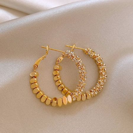 14K Gold Plated Simple Metal Stitching Round Hoop Earrings - A collection of 14K gold-plated simple metal stitching round hoop earrings with various textures, showcasing the 5-pair set.