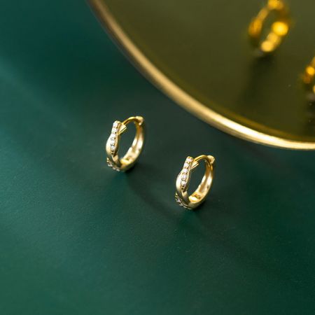 Scatto dettagliato del prodotto degli orecchini eleganti in oro con zirconi scintillanti su uno sfondo verde intenso.