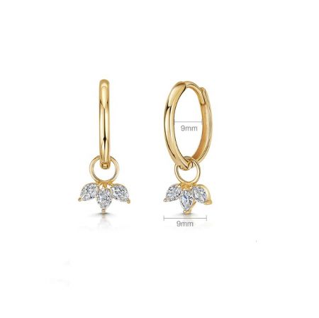 Detailed view of the Horse Eye Huggie Earrings showcasing the leaf-shaped cubic zirconia pendants.