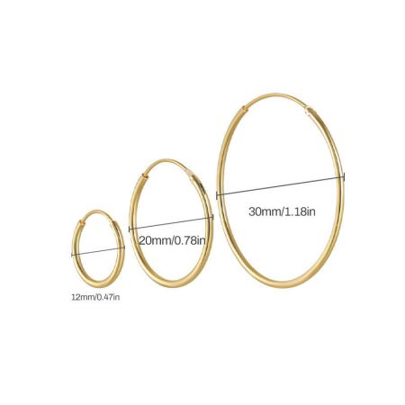 Misurazioni dettagliate degli orecchini a cerchio in oro: 12mm, 20mm e 30mm.