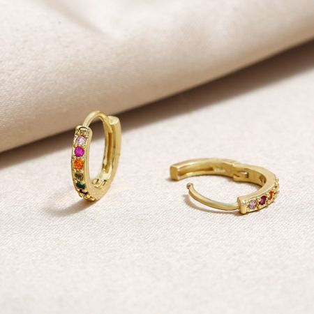 A detailed side profile of the CZ Pave Rainbow hoop earring.