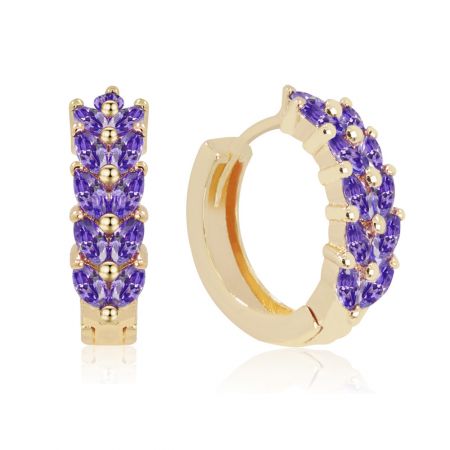 Side view of the gold hoop earrings showcasing the marquise-shaped arrangement of purple gemstones.