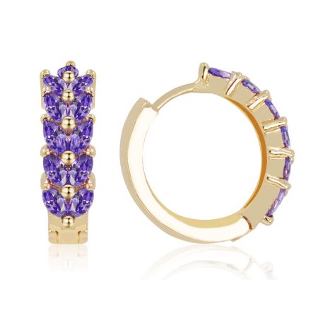 Detailed shot of the Huggie Purple Hoops highlighting the secure hinged closure and gemstone setting.