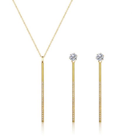 Conjunto de collar de barra colgante al por mayor. - Conjunto de collar y aretes de barra colgante al por mayor en oro, fabricado en acero inoxidable y adornado con cristales blancos brillantes.