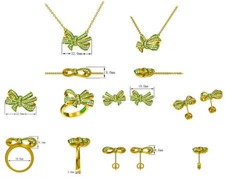Elegantes maßgeschneidertes Goldschmuckset mit grünen und weißen Edelsteinen.