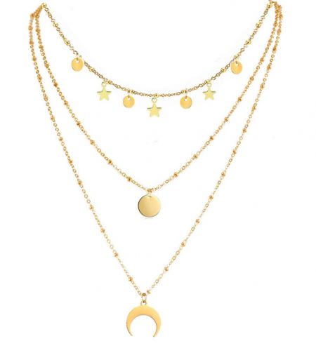Collar de triple cadena con estrella y luna al por mayor - Un elegante collar de triple cadena con estrella y luna en chapado de oro, que muestra múltiples capas con delicados colgantes de estrella y luna. Modelo JRN-036 de JR Fashion Accessories.