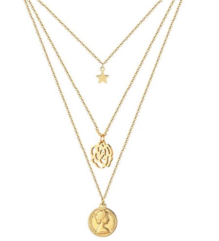 Collar en capas de acero inoxidable con estrella rosa al por mayor - Un conjunto elegante de tres collares de acero inoxidable dorado en capas con colgantes de estrella, flor y moneda, ofrecido por JR Fashion Accessories para venta al por mayor.