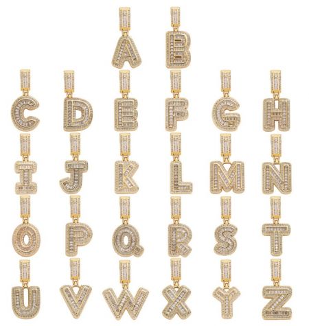A complete collection of custom gold letter pendants from A to Z for personalized jewelry.