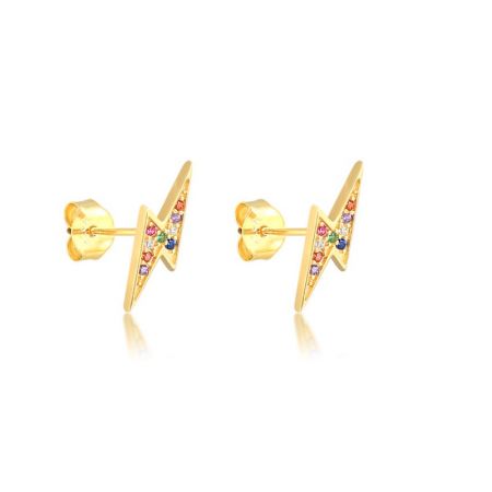 Orecchini mini a forma di fulmine multicolore in argento sterling 925 - Un paio di orecchini mini a forma di fulmine multicolore in argento sterling 925 con placcatura in oro, caratterizzati da una vivace gamma di gemme in zirconia cubica.
