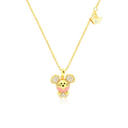 Detaljerad vy av det gyllene Minnie Mouse-stil hängande halsbandet.
