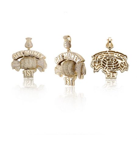 Different design options for the custom hip hop money bag pendant, including plain and inscribed versions.