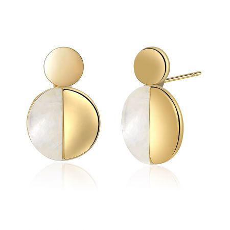 Profil latéral des boucles d'oreilles Mini Half Disc, montrant l'arrière en style tige et la combinaison élégante de coquillage en or et blanc.