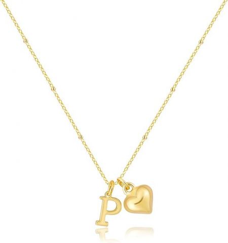 Close-up of the 14K gold plated heart necklace with a 'P' initial charm.