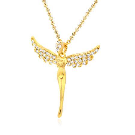 Foto em ângulo do colar de anjo da guarda dourado, enfatizando seu acabamento lustroso e forma elegante.