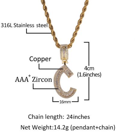 Detailed view of a custom gold 'C' initial pendant with a matching chain.