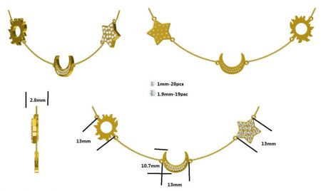 Aangepaste gouden bedelketting met gedetailleerde afmetingen.