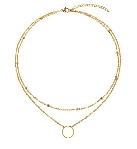 Collar de Encanto Chapado en Oro - Primer plano del collar de encanto chapado en oro JRN-048, mostrando su cadena de acero inoxidable de doble capa y colgante circular chapado en oro y plata.
