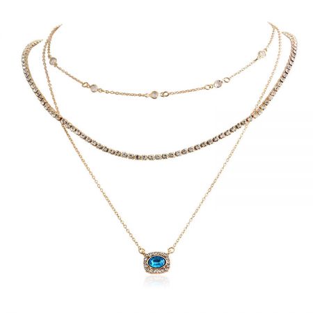 Custom Layered Necklace: Blue Gold Pendant Trio - A stunning three-layered gold necklace featuring blue and gold pendants with crystal accents, style JRN-024.