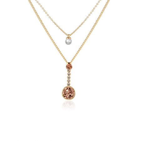 Handmade Necklace with Pearl and Crystal - A beautifully crafted handmade layered necklace featuring freshwater pearls and crystal pendants, made from gold-plated brass, perfect for bridal or daily wear.