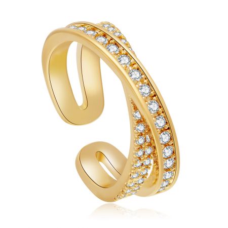 Side view of the gold-plated X design ring, highlighting the open-ended structure and double row of cubic zirconia.