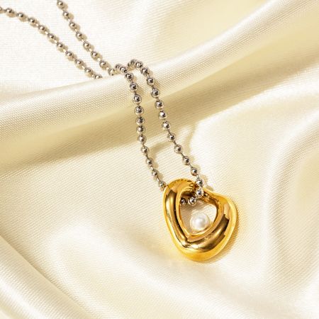 Conjunto de 5 collares de cadena de bolas con colgante de perla en círculo hueco geométrico de acero inoxidable. - Un collar de acero inoxidable elegante del conjunto de colgantes de perla geométricos, que presenta una delicada cadena de bolas y una perla brillante.