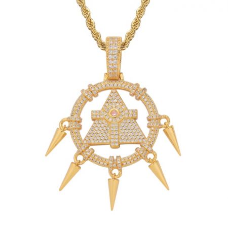 Custom Millennium Wheel Wisdom Necklace - A close-up of the Custom Millennium Wheel Wisdom Necklace in a gold finish, featuring a detailed triangular pendant with spikes and encrusted with cubic zirconia stones.