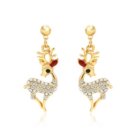 Pendientes de renos Rudolph de Navidad - Un par de pendientes festivos de renos Rudolph de Navidad, elaborados en latón chapado en oro y adornados con brillantes cristales checos blancos.