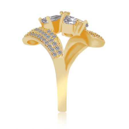 Detailed angle of the Delicate Floral Wrap Fashion Ring, emphasizing the two large clear gemstones and decorative smaller stones on the gold band.