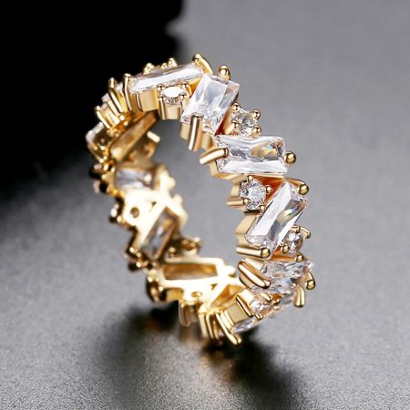 The ZigZag Baguette Ring in 14k yellow gold plating with classic white cubic zirconia.